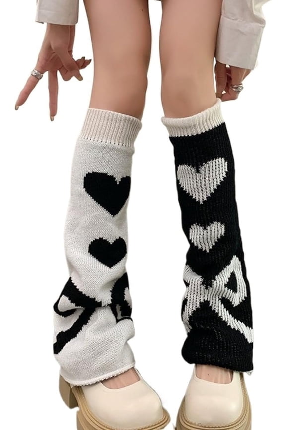 Leg Warmers for Women Cute Heart Bow Pattern Girls Y2k Punk Lolita Double-sided Cotton Knitted Loose Cover Knee-high