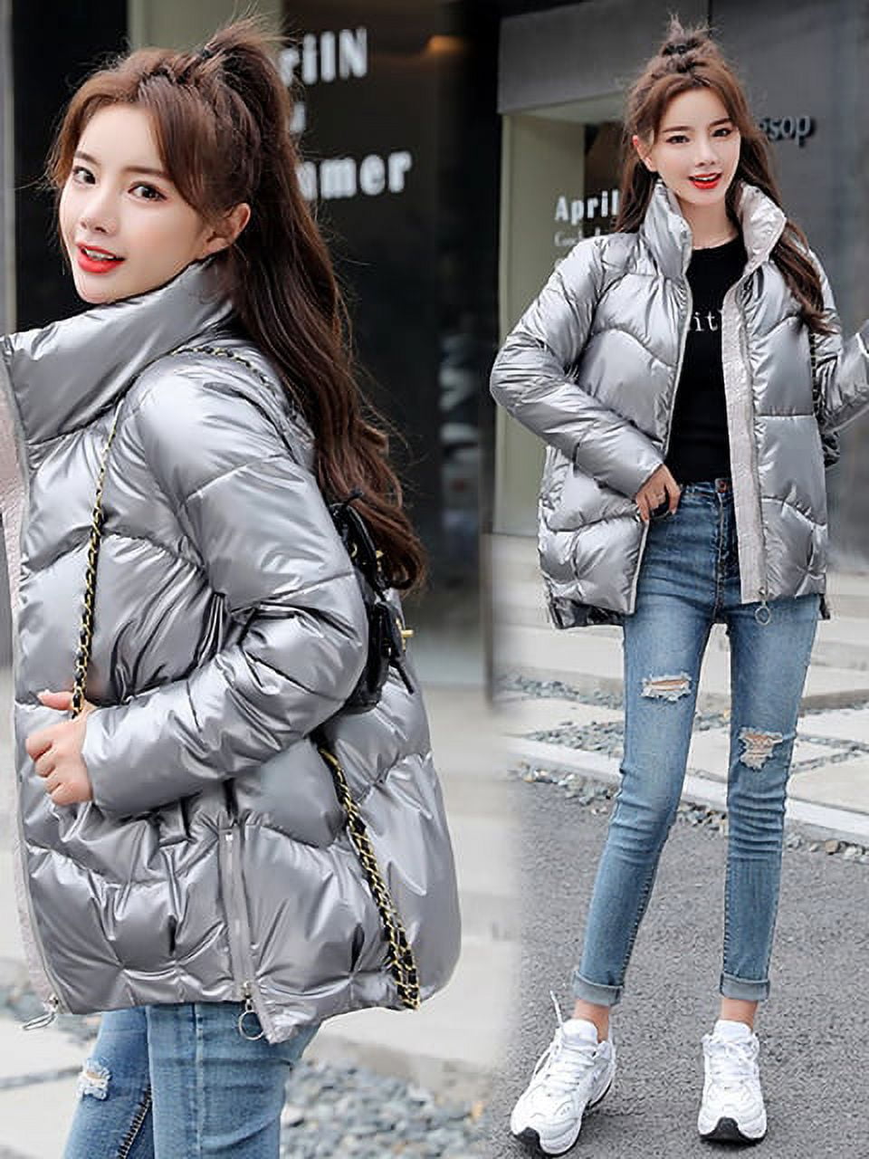 PIKADINGNIS Light reflecting Jacket Women Winter Warm Bread Parka Short Padded Casual Thick Stand callor Oversized Cotton Coat Femme Parkas