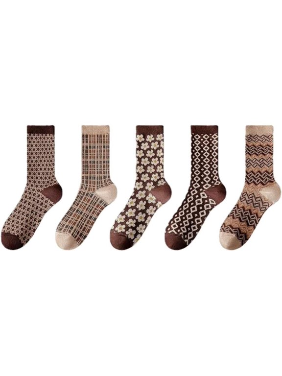 LuaNi Calf Socks 5 Pairs for Women 5-10 Cotton Knit Floral Wave Pattern Versatile Casual Cozy Stylish Breathable Soft Durable