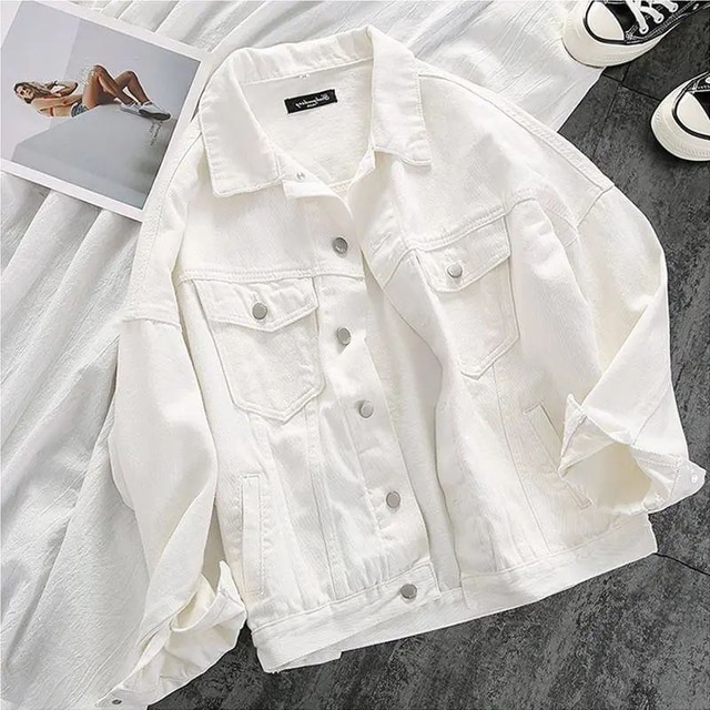PIKADINGNIS Lucuever White Denim Jacket Women Autumn Casual Loose Turndown Collar Jean Coats Woman Solid Color All-match Button Jackets - image 1 of 6
