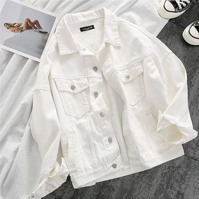 PIKADINGNIS Lucuever White Denim Jacket Women Autumn Casual Loose Turndown Collar Jean Coats Woman Solid Color All-match Button Jackets