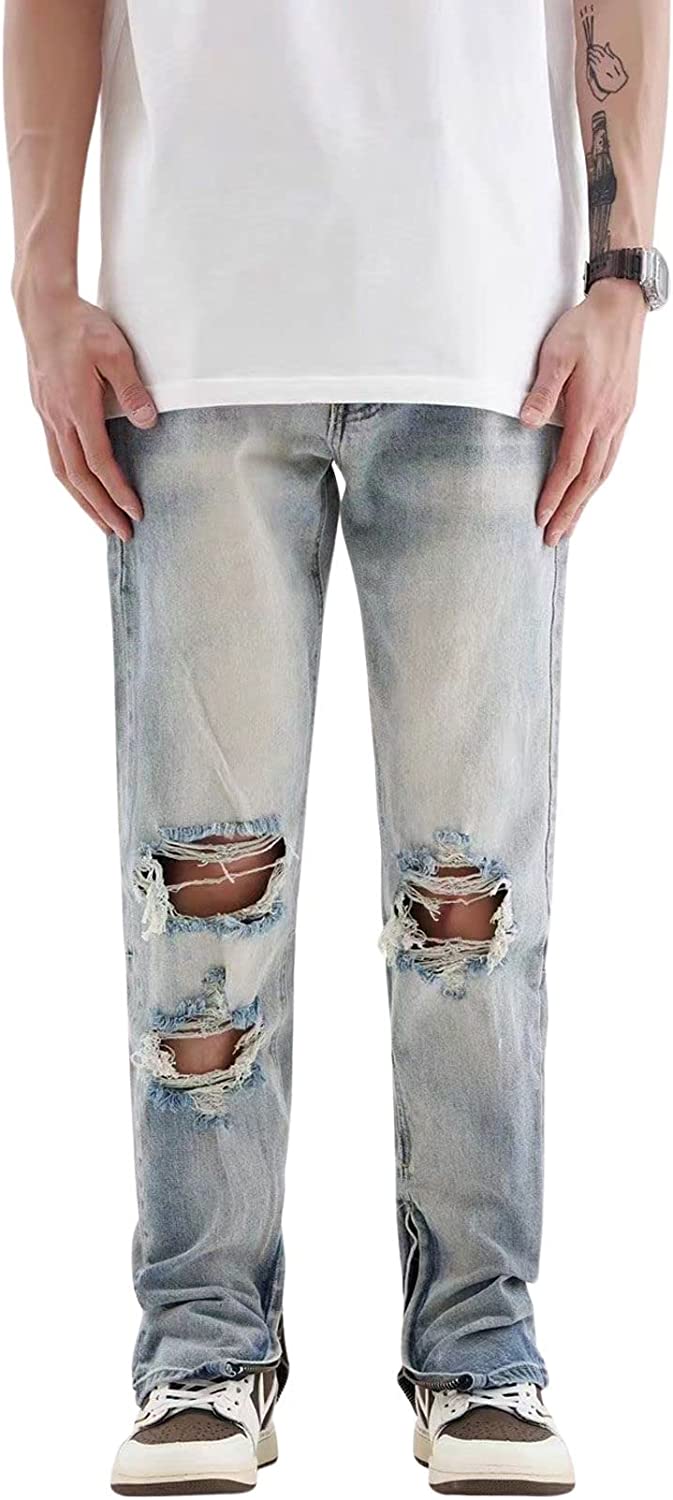 PIKADINGNIS Men Casual Ripped Mid Rise Straight Leg Jeans Distressed