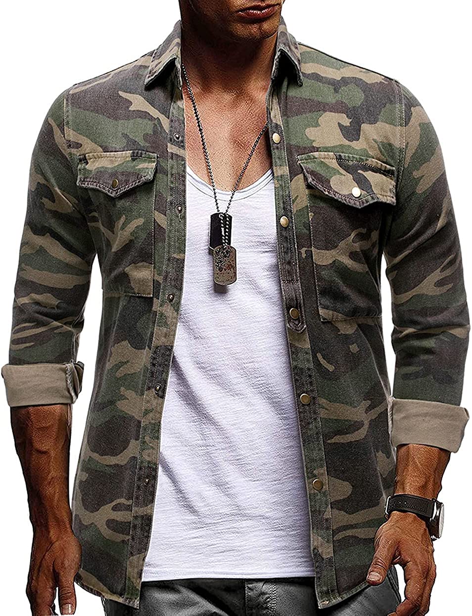 PIKADINGNIS Men's Camo Button Denim Shirt Military Long Sleeve Outdoor