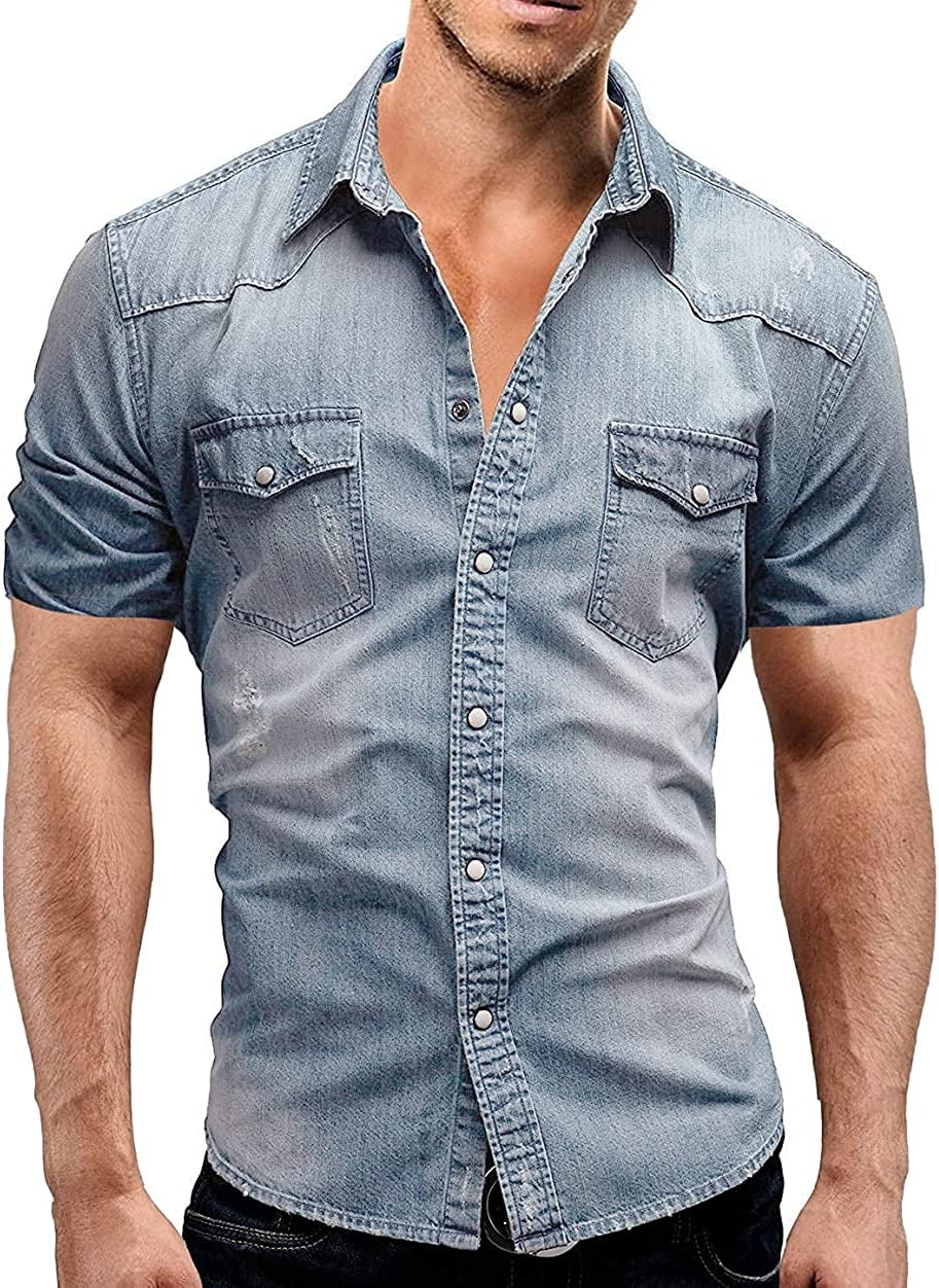 PIKADINGNIS Men's Spread Collar Short Sleeve Ripped Slim Fit Wash Work  Denim Shirt