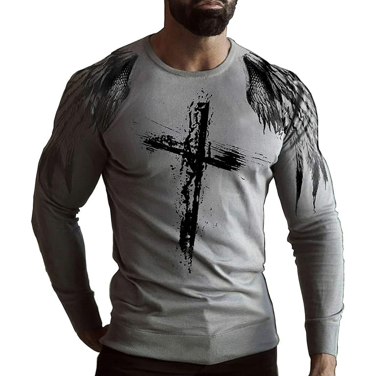 PIKADINGNIS Men's Vintage Faith Jesus Cross Shoulder Wing Print Casual  T-Shirts Funny Crewneck Sweatshirt Long Sleeve Shirts for Men