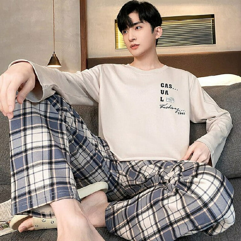 PIKADINGNIS Mens Pajamas Set Spring Autumn Leisure Elastic Waist