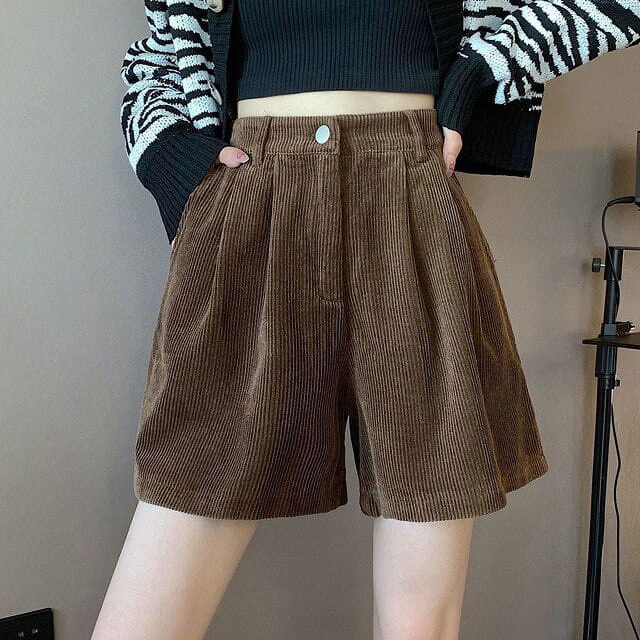 PIKADINGNIS New Corduroy Womens Shorts Spring Summer High Waist Wide Leg  Shorts Female Casual Loose Brown Short Trousers 
