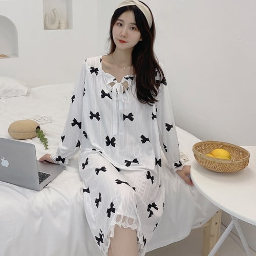 PIKADINGNIS New Lazy Style Autumn Womens Long Polyester Sleepwear Home  Nightshirt Women Causal Sleepwear Loose Ladies Nightgown Women Dress 