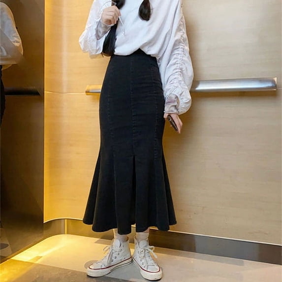 PIKADINGNIS New Mermaid Denim Skirt for Women Fashion Split Trumpet Ruffles Long Skirt Female Korean High Waist Bodycon Skirts