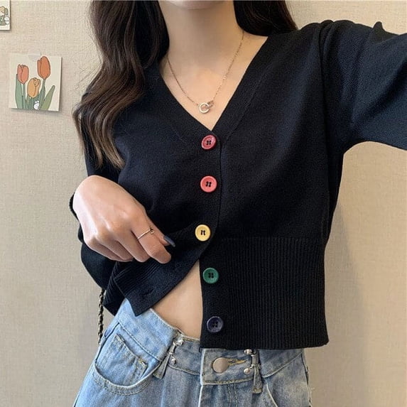 PIKADINGNIS New Spring Short Knitted Cardigans Women Sweet Single-breasted V Neck Sweater Woman Casual Solid Long Sleeve Cardigan Tops