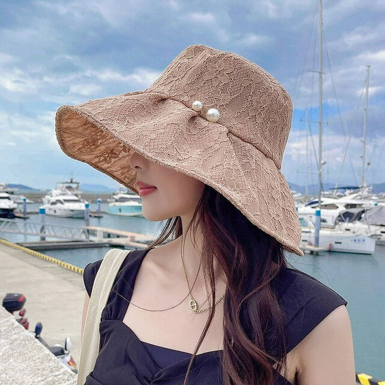 Pikadingnis New Sun Korean Seaside Vintage Elegant Lace Bucket Hat Women Summer Beach Sun Hats Fashion Korean Caps Breathable Fisherman Cap, Adult