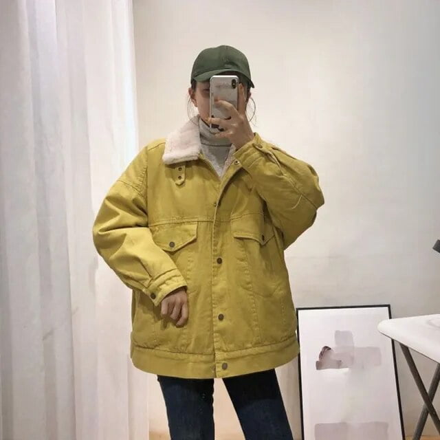 PIKADINGNIS New Winter Denim Jacket Women Korean Casual Thick Warm Plush Parka Ladies Yellow Turndown Collar Chic Tooling Coat