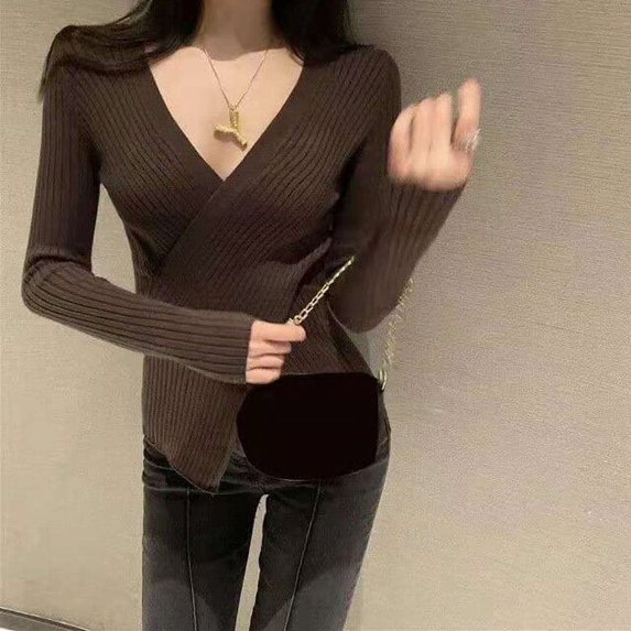 PIKADINGNIS Sexy Cross Deep V-neck Womens Sweater Fashion Slim Fit Ribbed Ladies Sweaters Solid Long-Sleeves Knitted Pullover Tops