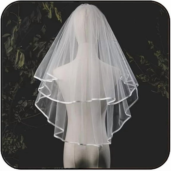 PIKADINGNIS Short Bride Wedding Veil White 2Tiers Waist Length Bachelorette Party Bridal Tulle Veils Hair Accessories with Comb and Ribbon Edge