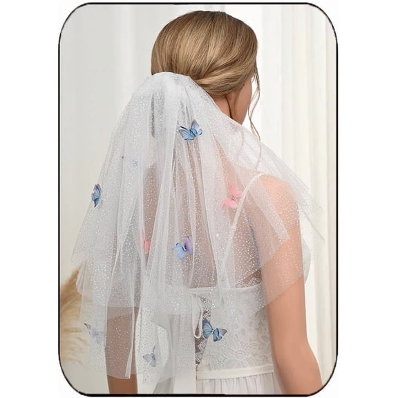 PIKADINGNIS Short Wedding Veil for Brides with Butterflies Shoulder Length 2 Tier Sparkly Bridal Tulle Veils with Comb