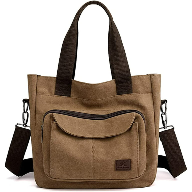 Women Multi-Pocket Canvas Tote Bag Durable Large Capacity Crossbody Handbag Casual Practical Shoulder Bag with Compartments
