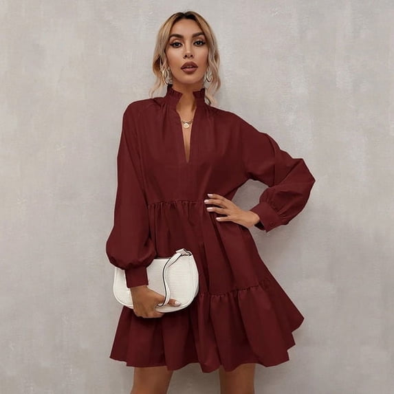 PIKADINGNIS Solid Long Sleeve Loose Casual Dress Women Autumn Ruffles Pink Green Mini Dresses Woman New V-Neck Pleated Dress