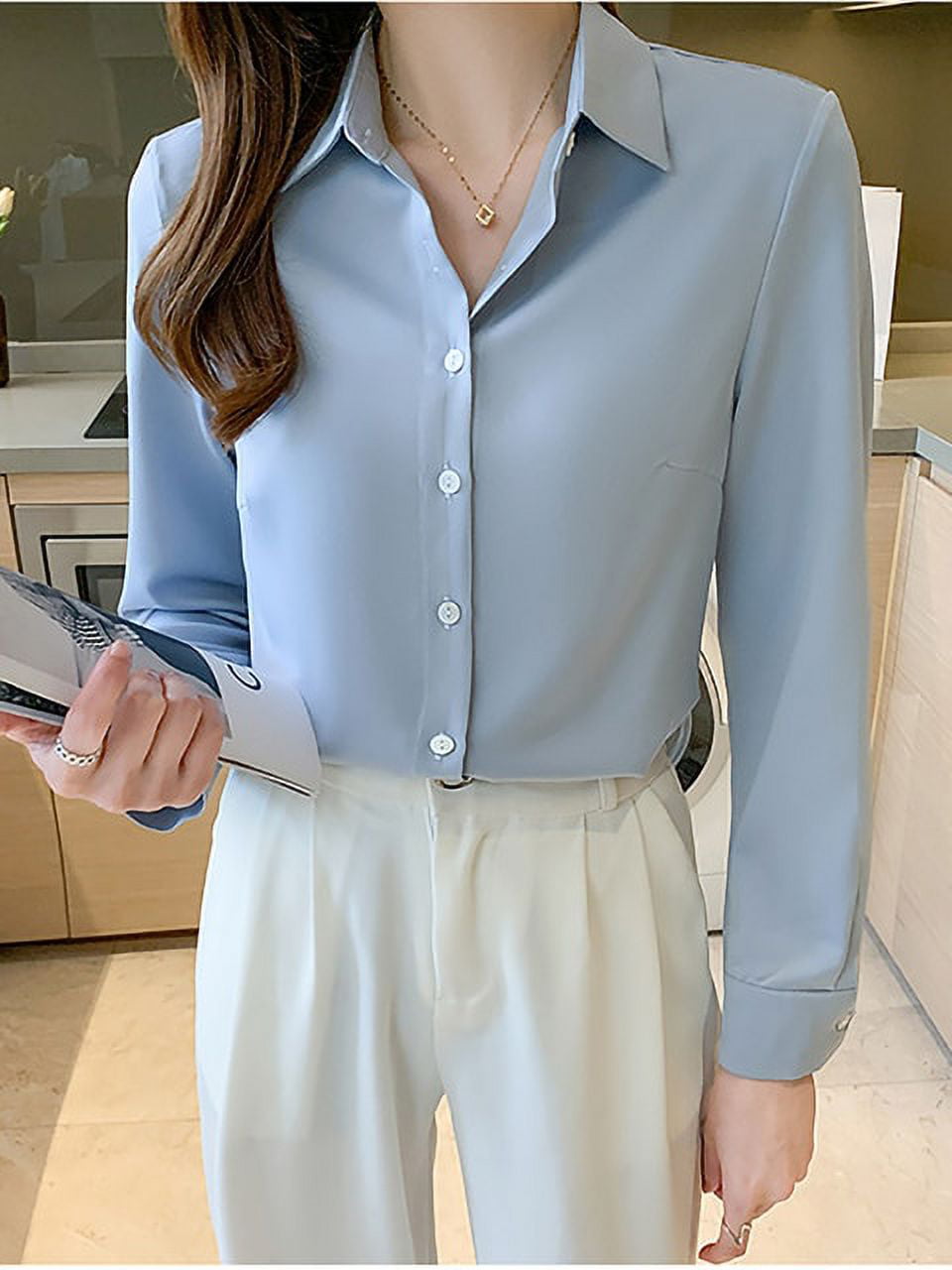 CWENROU Casual Ladies Shirts - Fashion Spring And Summer Ladies Shirt Retro  Loose Top Long Sleeve Casual White Lapel Office Style Female Shirt Simple  And Elegant Business Party,S : : Fashion