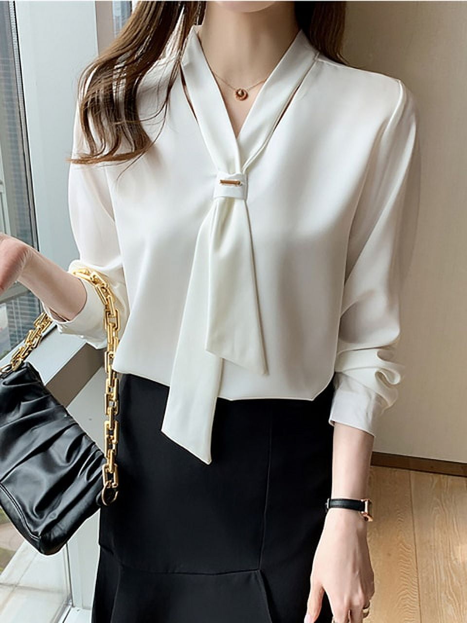 PIKADINGNIS Spring White Blouse Women Fashion V-neck Satin Long Sleeve  Elegant Office Ladies Shirts Casual Tops And Blouses Femme