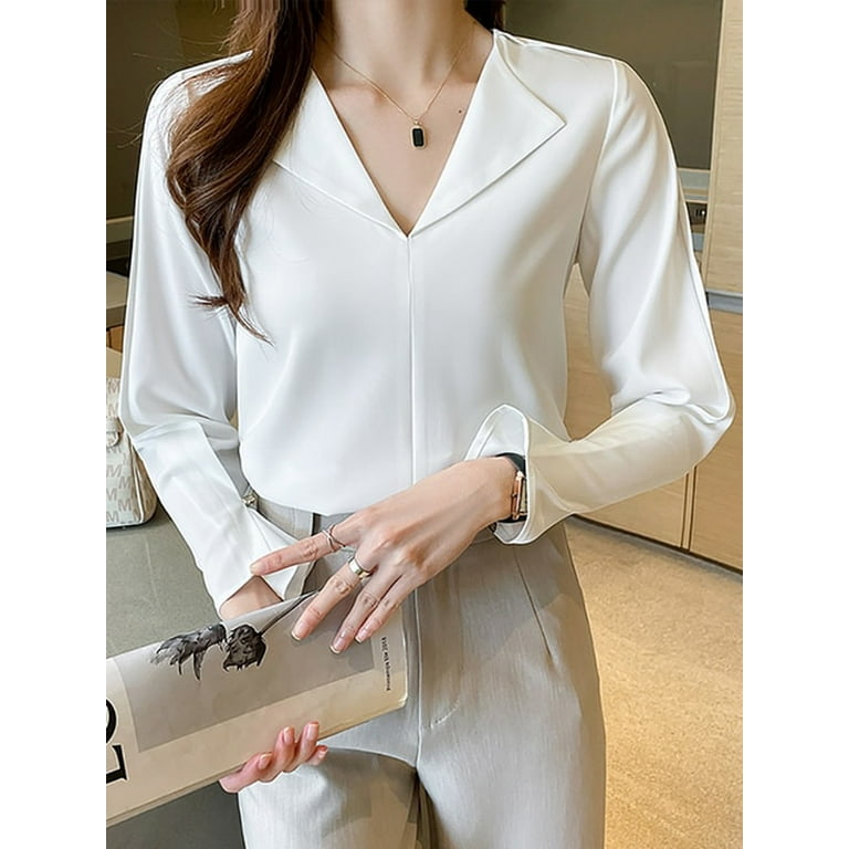 PIKADINGNIS Spring White Blouse Women Fashion V-neck Satin Long Sleeve  Elegant Office Ladies Shirts Casual Tops And Blouses Femme 