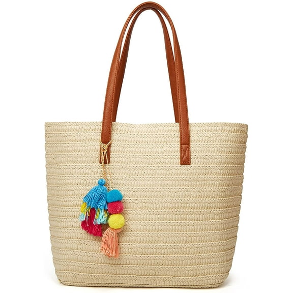PIKADINGNIS Straw Beach Bags Tote Tassels Bag Hobo Summer Handwoven Shoulder Bags Purse With Pom Poms