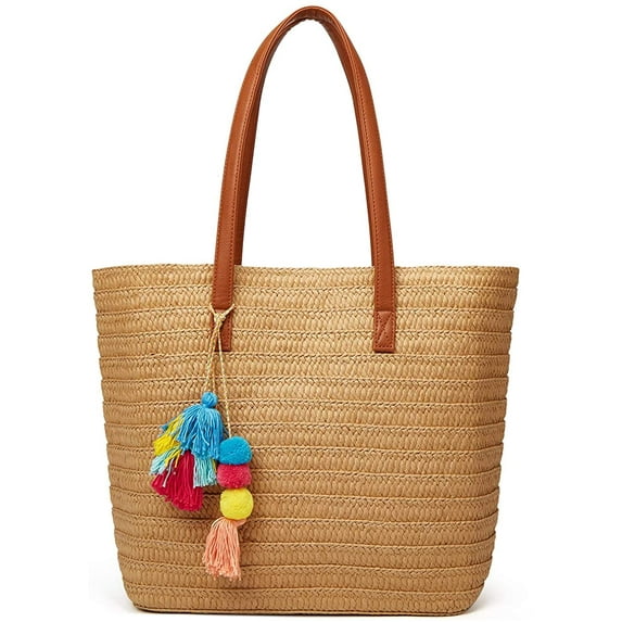 PIKADINGNIS Straw Beach Bags Tote Tassels Bag Hobo Summer Handwoven Shoulder Bags Purse With Pom Poms