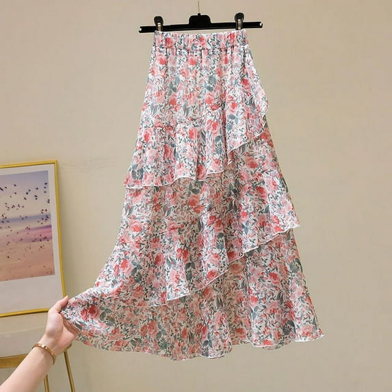 PIKADINGNIS Summer Floral Long Skirt Women Asymmetrical Ruffled A-line Chiffon Skirts Woman Elastic Waist Beach Skirt Hot Sale