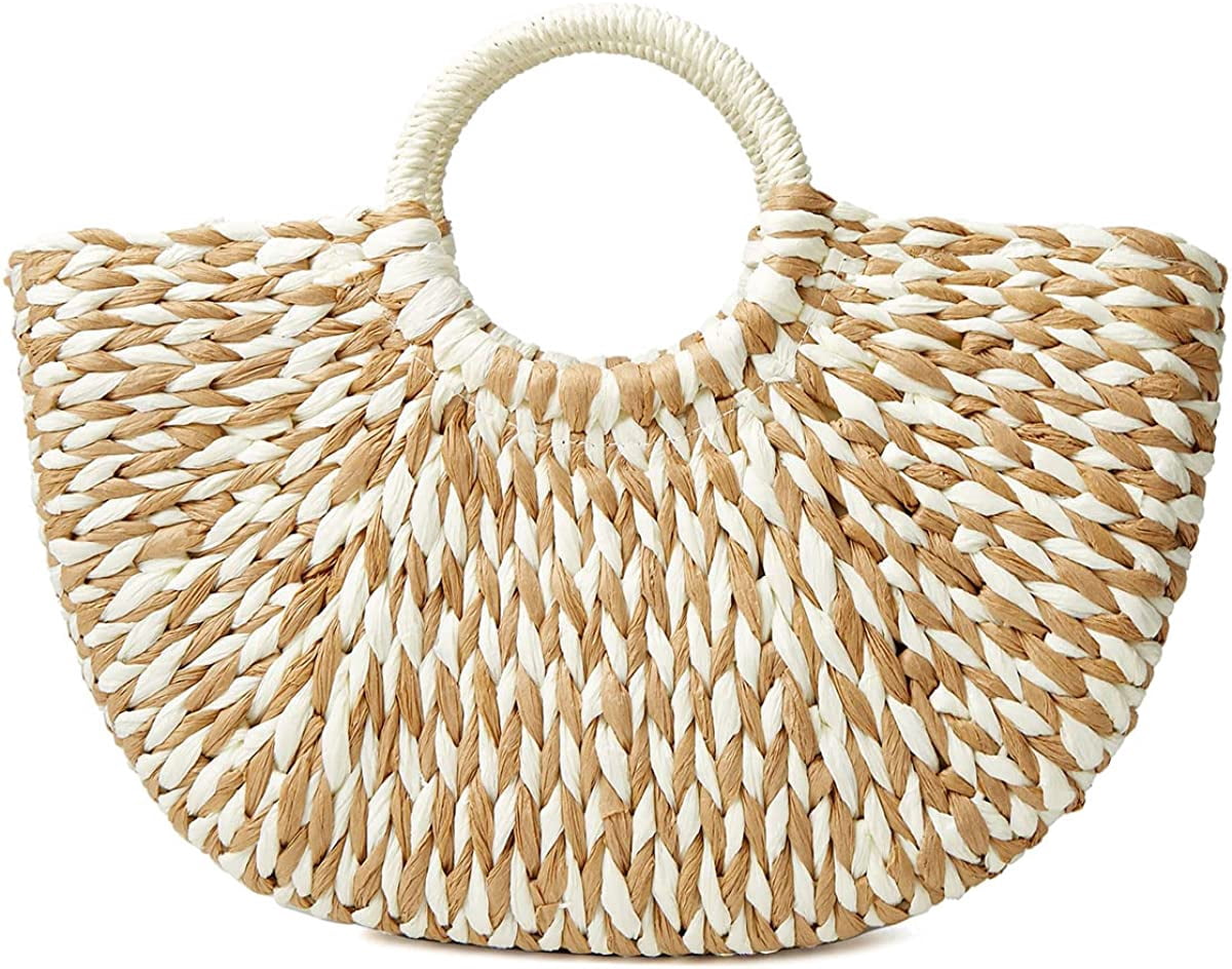 Women's Retro Straw Beach Bag - Hand-Woven Rattan Tote With Round Handle, Yellow, Large Size