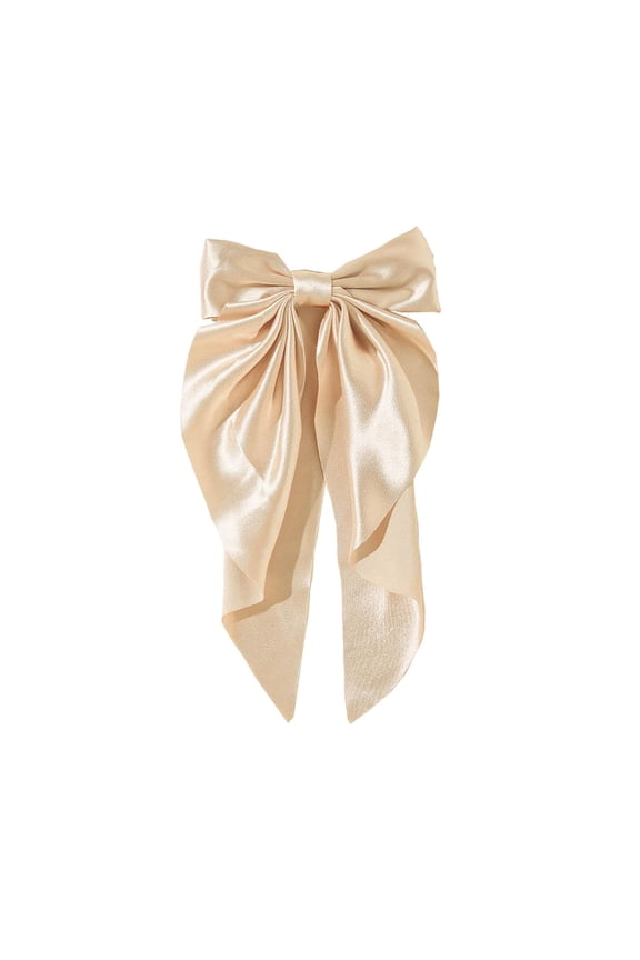 Super Big Bow Hair Clips French Style Soild Color Knotted Bowknot Spring Snap Barrettes Hair Clips with Long Ribbon for Women Girls (Champagne)