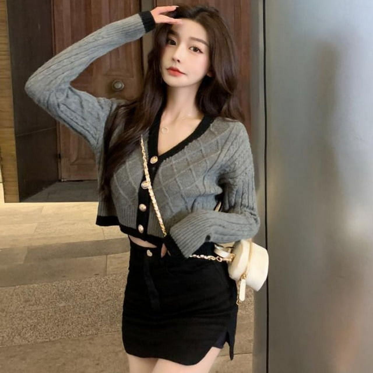 PIKADINGNIS Sweater Cardigan Women Korean V-Neck Long Sleeve Twist