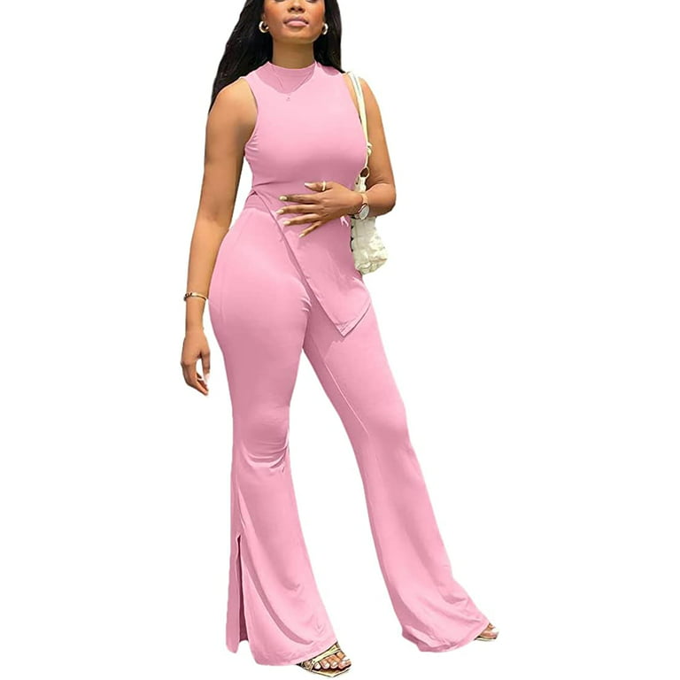 PIKADINGNIS Two Piece Outfits for Women Sexy Sleeveless Irregular Top and Flare  Pants Set 2 Piece Tracksuit 