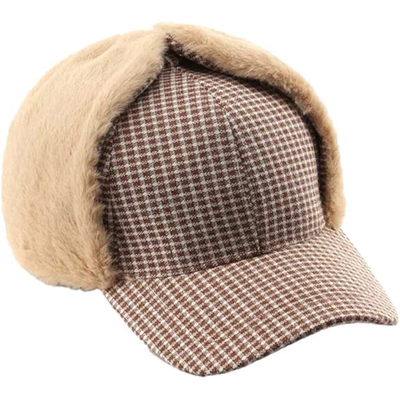 PIKADINGNIS Unisex Plaid Bomber Fluffy Plush Lining Warm Ear Flap Visor Cap Baseball Sports Trendy Hat