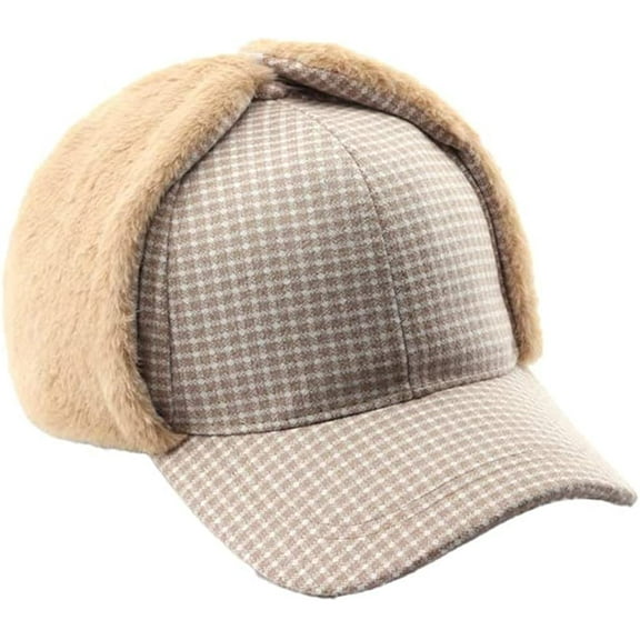 PIKADINGNIS Unisex Plaid Bomber Fluffy Plush Lining Warm Ear Flap Visor Cap Baseball Sports Trendy Hat