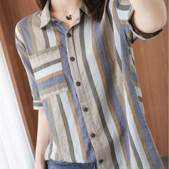 PIKADINGNIS Vintage Cotton Linen Womens Shirts Summer Striped Pockets Short Sleeve Blouse Woman Button Turndown Collar Shirt