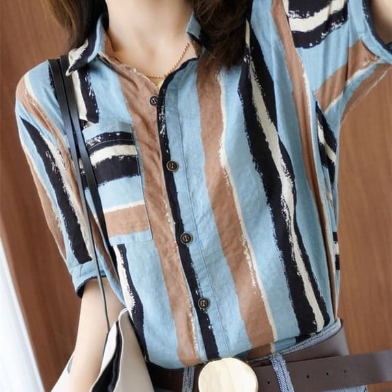 PIKADINGNIS Vintage Cotton Linen Womens Shirts Summer Striped Pockets Short Sleeve Blouse Woman Button Turndown Collar Shirt