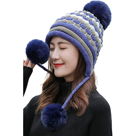 PIKADINGNIS Warm Trendy Knit Bearies Women Winter Soft Thick Pom Pom Hat Slouchy Cap