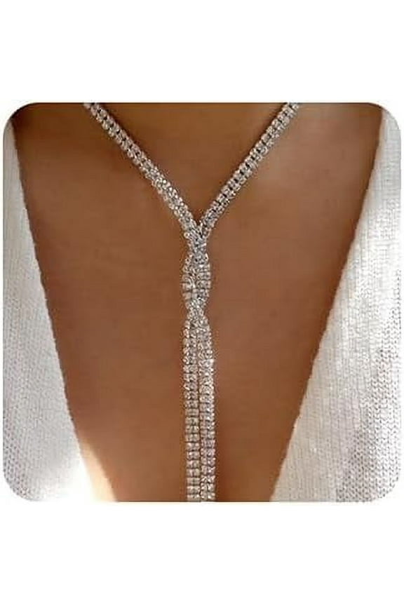 Wedding Necklaces Rhinestones Long Pendant Y-necklaces for Women Bridal Statement Crystal Choker Necklaces Boho Layered Chain Necklaces (Silver)