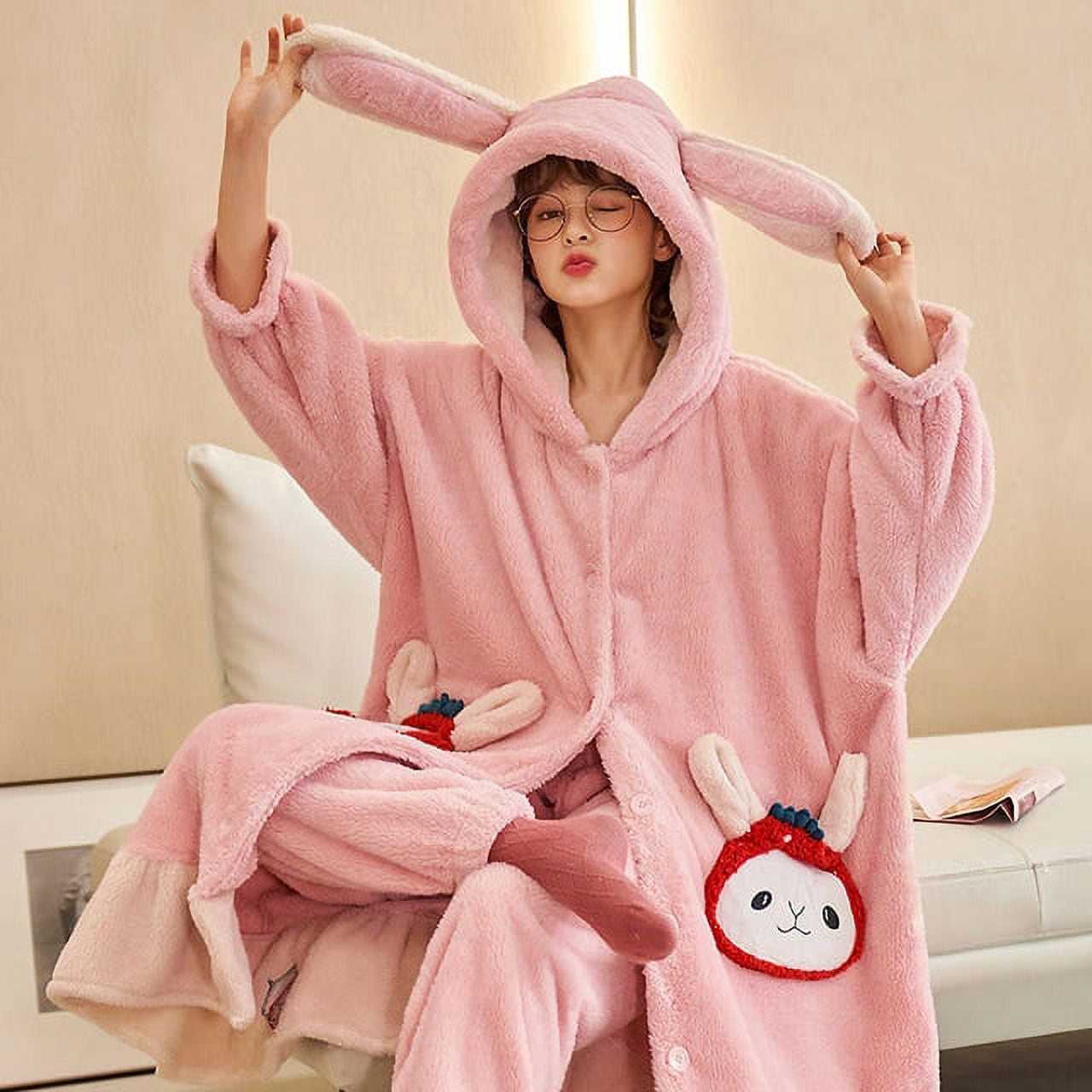 PIKADINGNIS Women Winter Thicken Style Warm Pajamas Set Button Cardigan  Sweater Velvet Pyjamas for Woman Fashion Warm Sleepwear Set Homewear