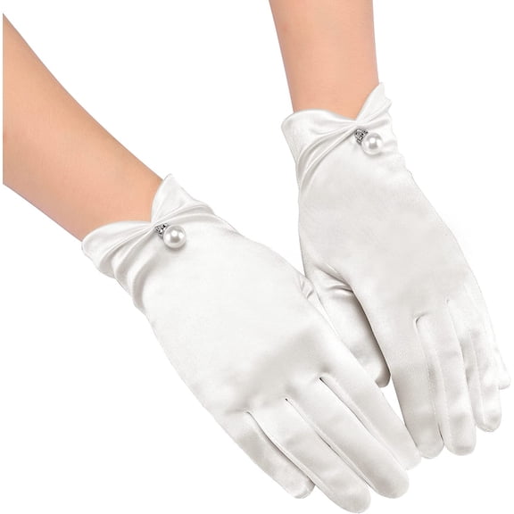 PIKADINGNIS Women Bridal Wedding Gloves Satin Short Opera Gloves Pearl Wrist Banquet Dress Gloves Fancy Party Floral Gloves