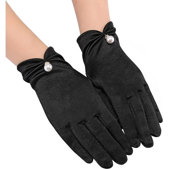 PIKADINGNIS Women Bridal Wedding Gloves Satin Short Opera Gloves Pearl Wrist Banquet Dress Gloves Fancy Party Floral Gloves