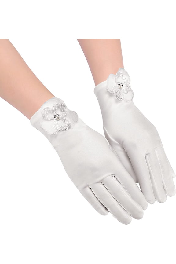 Women Bridal Wedding Gloves Satin Short Opera Gloves Pearl Wrist Banquet Dress Gloves Fancy Party Floral Gloves