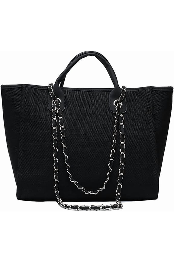 Women Canvas Handbag Large Capacity Chain Tote Bag PU Handle Shoulder Bag