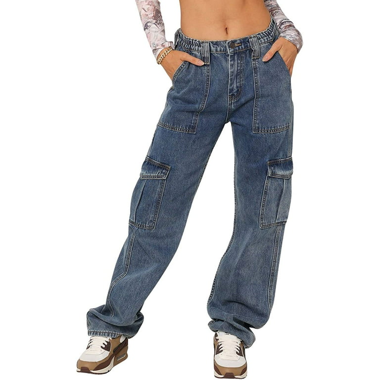 PIKADINGNIS Women Casual High Rise Bootcut Jeans Cargo Pants Denim Pants  Multi Pocket