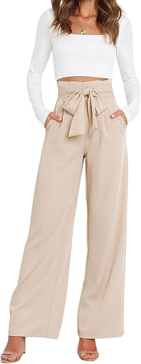 PIKADINGNIS Women Casual Paper Bag Pants Elastic High Waist Wide Leg Pants  Palazzo Work Belt 