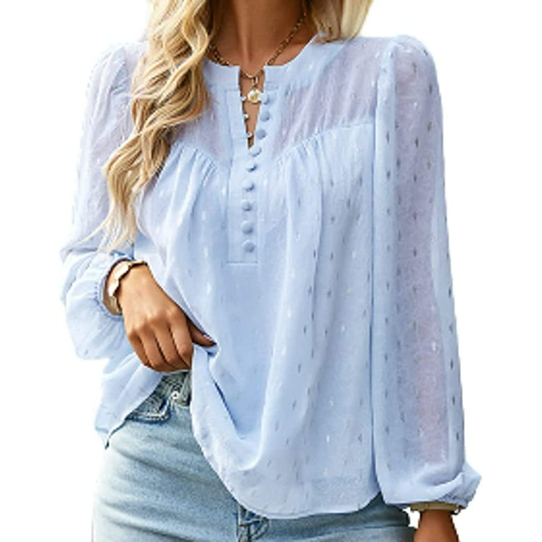 PIKADINGNIS Women Chiffon Shirt Loose V-Neck Print Button Pullover Tops  Long Sleeve Casual Fall Blouse