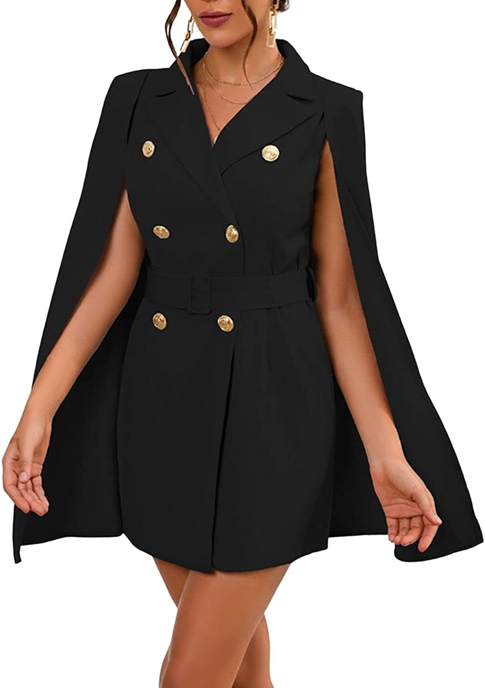 PIKADINGNIS Women Elegant Blazer Dress Poncho Cape Double Breasted Office Work Mini Dress Blazer Jacket