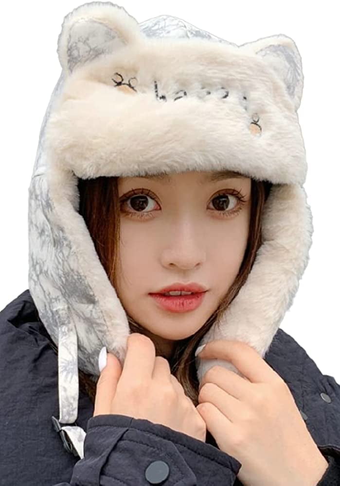 PIKADINGNIS Women Faux Fur Bomber Hat Cute Plush Winter Warm Riding