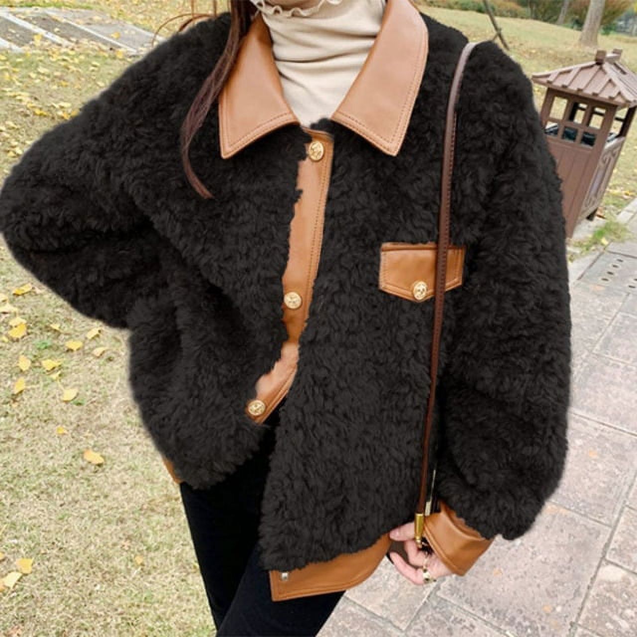 PIKADINGNIS Women Faux Fur Coat Korean Fashion Pu Leather Patchwork Lamb Wool Jackets Woman Winter Turndown Collar Warm Plush Coats - image 1 of 6