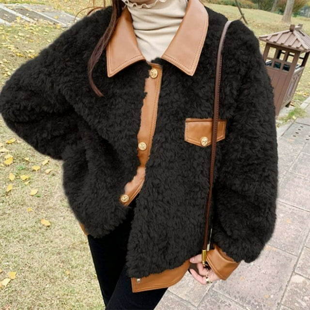 PIKADINGNIS Women Faux Fur Coat Korean Fashion Pu Leather Patchwork Lamb Wool Jackets Woman Winter Turndown Collar Warm Plush Coats