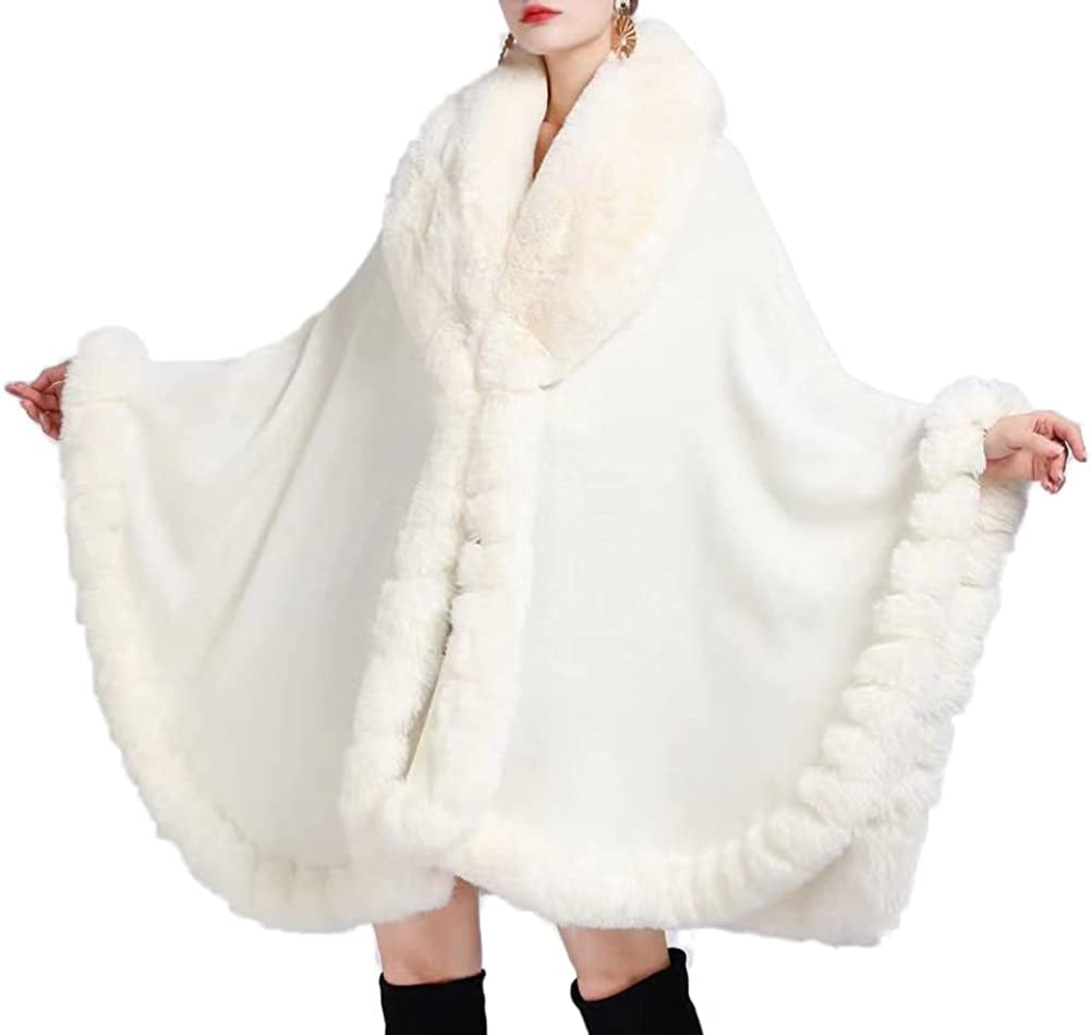 PIKADINGNIS Women Faux Fur Trim Poncho Wrap Warm Winter Sweater